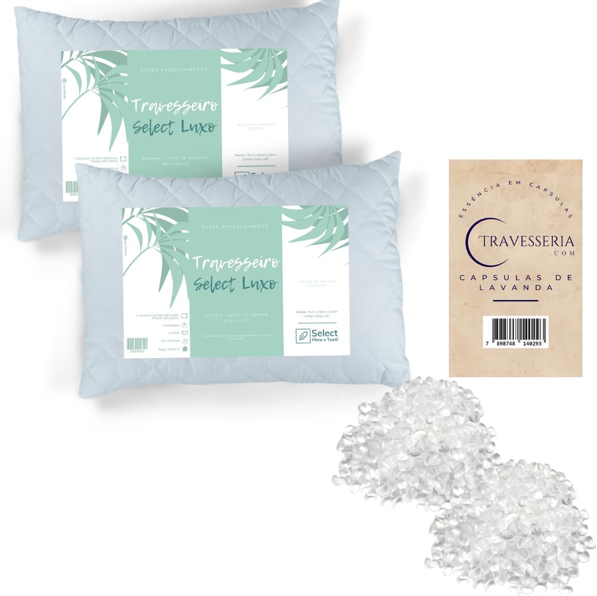 Kit 2 Travesseiros Select Luxo + 2 Embalagens de Capsulas Aromáticas Lavanda Travesseria